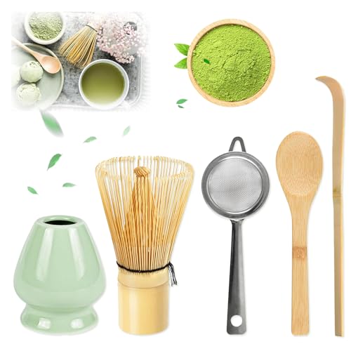 Matcha Set, 5 Stück Matcha Tea Set, Matcha Besen Einschließlich des Matcha Whisk,Matcha Sieb,Matcha Besen Halter,Matcha Löffel aus Bambus,Es Ist Das Beste Geschenk für Matcha-Liebhabern von Gicctyble