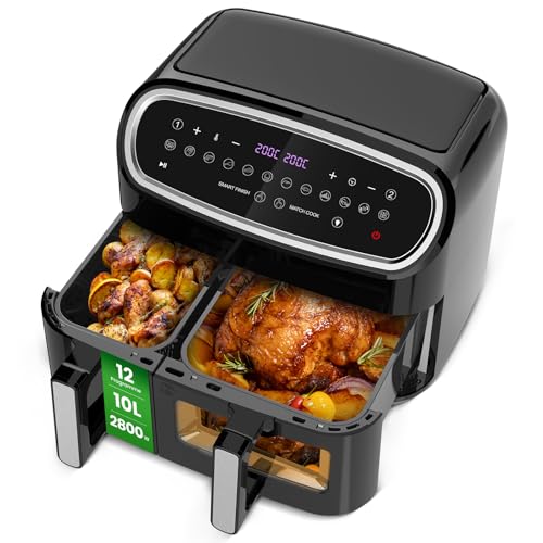 Doppelter Heißluftfritteuse mit Sichtfenster, 10L(4Lx6L) XXL 2800W Kapazität Doppel Airfryer, 12-in-1 Programme, Air Fryer mit Touchscreen, Gesunde Öl- und Fettarme Zubereitung-Cooki G10 Pro von Gidgimo