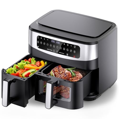 Gidgimo Heissluftfritteuse Doppelkammer, Max 230°C 10L xxl Air Fryer, 12-in-1 Programme Heißluftfritteuse 2 Kammern mit Touchscreen, Smart&Match Funktion, Gesunde Friteuse ohne Öl&fettarmes Kochen von Gidgimo