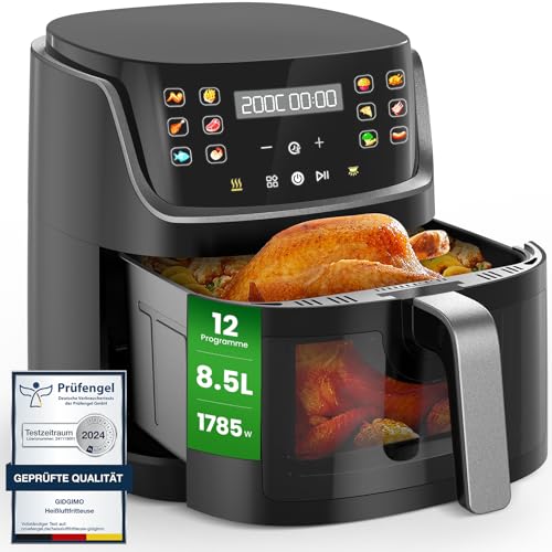 Heißluftfritteuse XL 8,5L, Air Fryer mit Sichtfenster, 1785W Heissluftfritteuse mit LED-Touchscreen in Farbe & Shake-Reminder, 12 Funktionen, Spülmaschinenfeste Körbe - G12 Ultra von Gidgimo