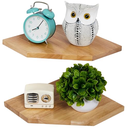 Gieanoo Eckregal Hängend, 2er-Set Eiche Massivholz Eckregal Wandregal Holz Vintage Landhausstil Regal für Schlafzimmer Wohnzimmer Diamantform mit Drahtloch von Gieanoo