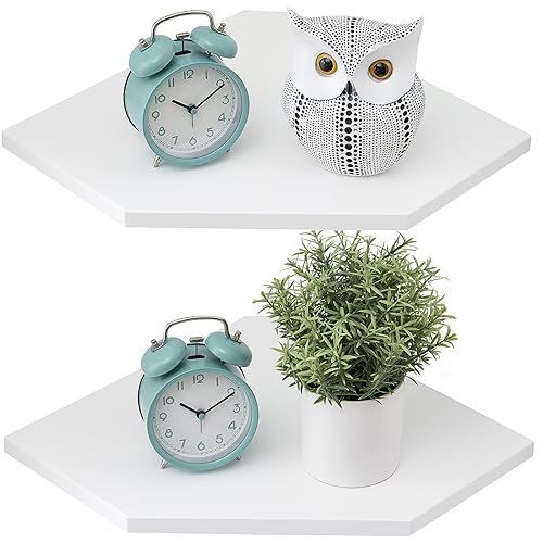 Gieanoo Eckregal Hängend Weiß, 2er-Set Eiche Massivholz Eckregal Wandregal Holz Vintage Landhausstil Regal für Schlafzimmer Wohnzimmer Diamantform mit Drahtloch von Gieanoo