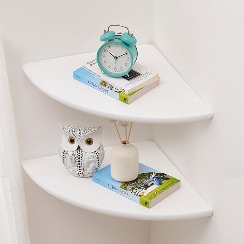 Gieanoo Eckregal Hängeregal, 30cm Eiche Massivholz Weiß Eckregal 2er Set runde Enden Wandregal Holz Vintage Landhausstil Regal für Schlafzimmer Wohnzimmer von Gieanoo