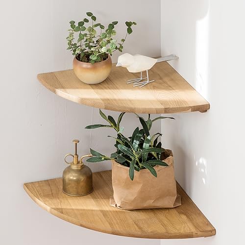 Gieanoo Eckregal Hängeregal, 30cm Eiche Massivholz Eckregal 2er Set runde Enden Wandregal Holz Vintage Landhausstil Regal für Schlafzimmer Wohnzimmer von Gieanoo