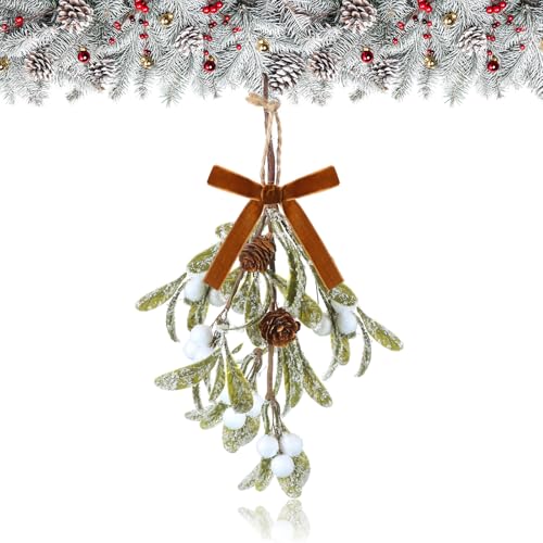 Giegxin 1 Stück Weihnachten Künstliche Mistelzweig Ornament mit roter Schleife Weihnachten Hängende Mistelzweig Dekoration Blumenstrauß Floral Natürliche Tannenzapfen Urlaub Dekoration Ornament von Giegxin