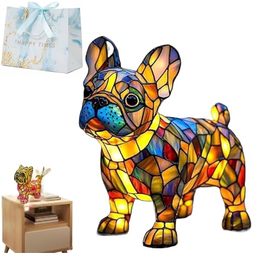 Gartenstadl Leuchthund - handgefertigte Lampe, Harz-Buntglaslampe, LED-Tischleuchten, Die Herzen Erstrahlen Lässt Dekorative Led Hundelampe, Nachtlampe Aus Kunstharz (Französische Bulldogge) von Gienslru