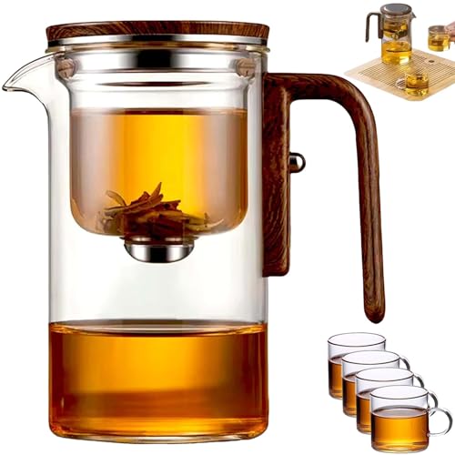Gienslru Enchanti Tea Witchcraft Teapot, Enchantipot Magic Tea Pot with Strainer, Water Separation Glass Teapot with Wooden Handle, Press Control Magic Tea Pot (Clear,Single Pot (720ml)+4cups) von Gienslru