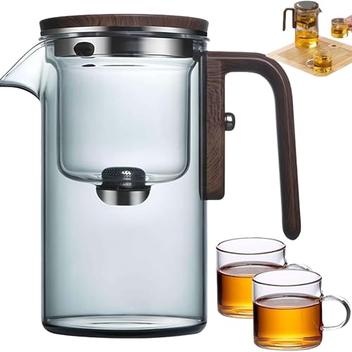 Gienslru Enchanti Tea Witchcraft Teapot, Enchantipot Magic Tea Pot mit Wassertrennung, Glas Teekanne mit Holzgriff, Druckkontroll-Magie Teekanne (Grau, Einzeltopf (520ml)+2Tassen) von Gienslru
