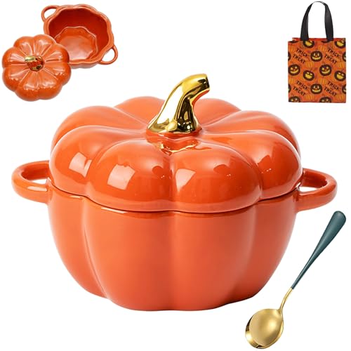 Gienslru Oven Safe Pumpkin Bowls, Pumpkin Dutch Oven Pot with Lid, Mini Baking Dish Cute Pumpkin Bowl, Ceramic 0.75-Qt Petite Pumpkin, Oven & Stove Safe up to 572°f, Pumpkin Dish (Orange) von Gienslru