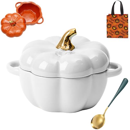 Gienslru Oven Safe Pumpkin Bowls, Pumpkin Dutch Oven Pot with Lid, Mini Baking Dish Cute Pumpkin Bowl, Ceramic 0.75-Qt Petite Pumpkin, Oven & Stove Safe up to 572°f, Pumpkin Dish (White) von Gienslru