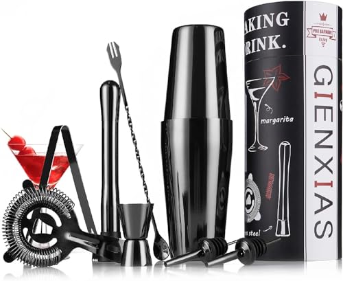 Cocktail Set 9-teilig – Cocktail Shaker 750ml aus Edelstahl mit 2X Ausgießer, Barlöffel, Messbecher, Cocktailstampfer, Eiswürfelzange, Sieb & personalisierbarer Geschenkbox – Barkeeper Set (Schwarz) von Gienxias