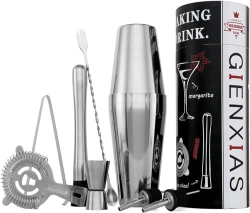 Cocktail Set 9-teilig – Cocktail Shaker 750ml aus Edelstahl mit 2X Ausgießer, Barlöffel, Messbecher, Cocktailstampfer, Eiswürfelzange, Sieb & personalisierbarer Geschenkbox – Barkeeper Set (Silber) von Gienxias