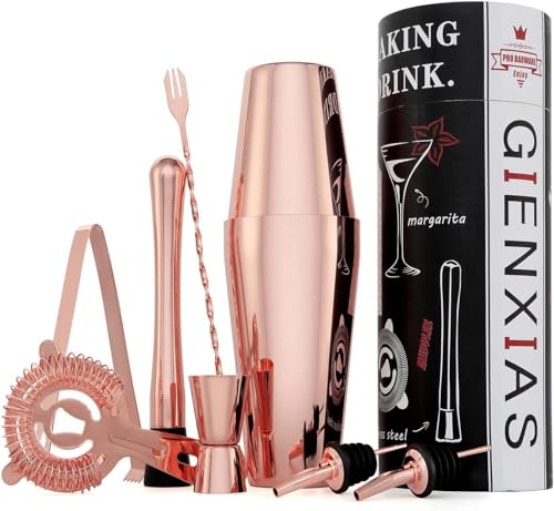Cocktail Set 9-teilig – Cocktail Shaker 750ml aus Edelstahl mit 2X Ausgießer, Barlöffel, Messbecher, Cocktailstampfer, Eiswürfelzange, Sieb & personalisierbarer Geschenkbox – Barkeeper Set (Roségold) von Gienxias