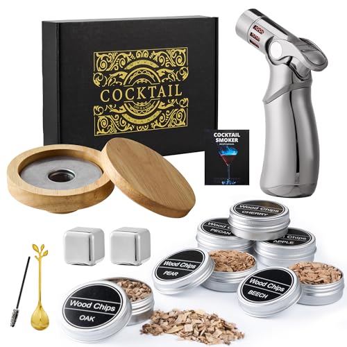 Cocktail Smoker Set mit Brenner, Old Fashioned Räucher-Set, Whiskey Räucherset mit 6 Holzchips, Geschenk für Papa, Ehemann und Cocktail-Liebhaber (ohne Butan) (Edelstahlsteine) von Gienxias
