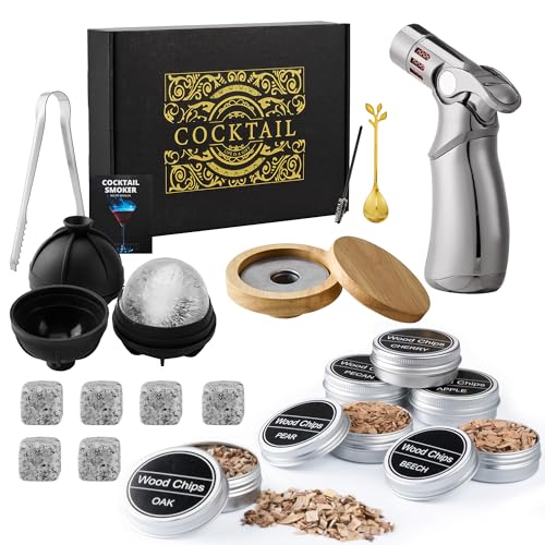 Cocktail Smoker Set mit Brenner, Old Fashioned Räucher-Set, Whiskey Räucherset mit 6 Holzchips, Geschenk für Papa, Ehemann und Cocktail-Liebhaber (ohne Butan) (Silikonkugel & Granitsteine) von Gienxias