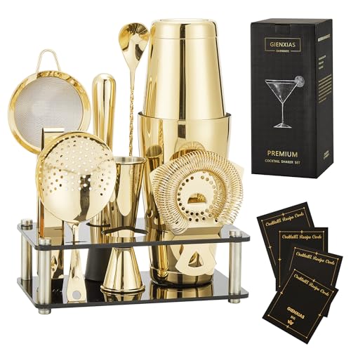 Gienxias Boston Shaker Set – 10-teiliges Cocktail-Shaker-Set aus Edelstahl, inkl. Barsieb, Eiszange, Barlöffel, Messbecher & Acrylständer, Heim- & Profi-Barkeeper (Gold) von Gienxias