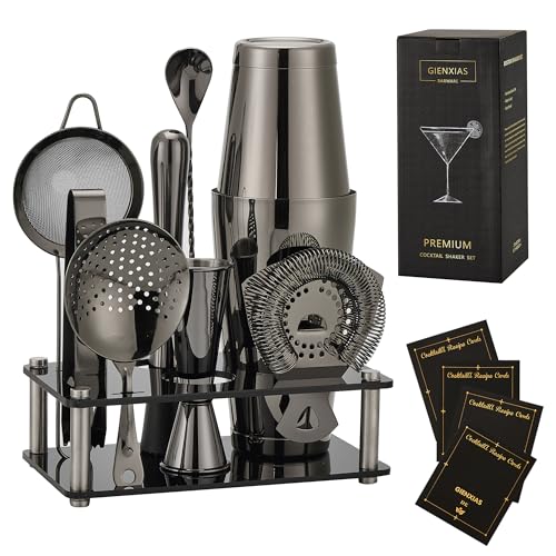 Gienxias Boston Shaker Set – 10-teiliges Cocktail-Shaker-Set aus Edelstahl, inkl. Barsieb, Eiszange, Barlöffel, Messbecher & Acrylständer, Heim- & Profi-Barkeeper (Schwarz) von Gienxias