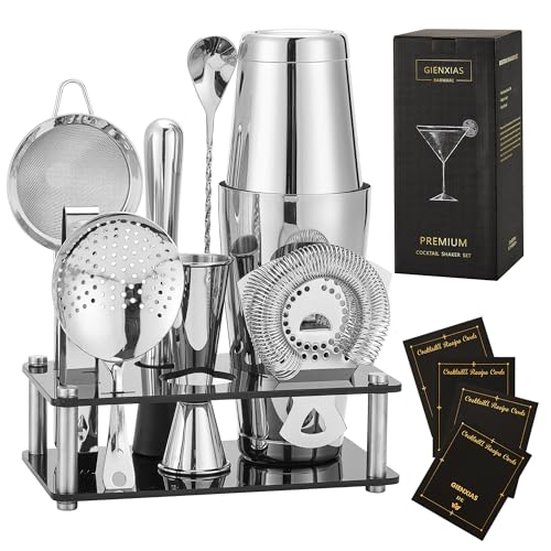 Gienxias Boston Shaker Set – 10-teiliges Cocktail-Shaker-Set aus Edelstahl, inkl. Barsieb, Eiszange, Barlöffel, Messbecher & Acrylständer, Heim- & Profi-Barkeeper (Silber) von Gienxias
