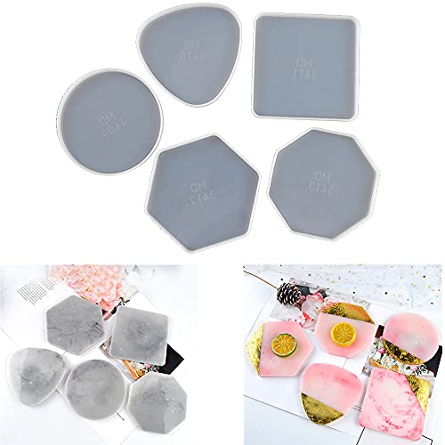 5PC Silikon Geometrische Untersetzer Harz Gießform Set, Quadrat Runde Dreieck Sechseck Epoxy Form Handwerk Werkzeug Gießen Silikonform, Kristall Epoxy und DIY Polymer Clay Handwerk Harz Form von Gierzijia