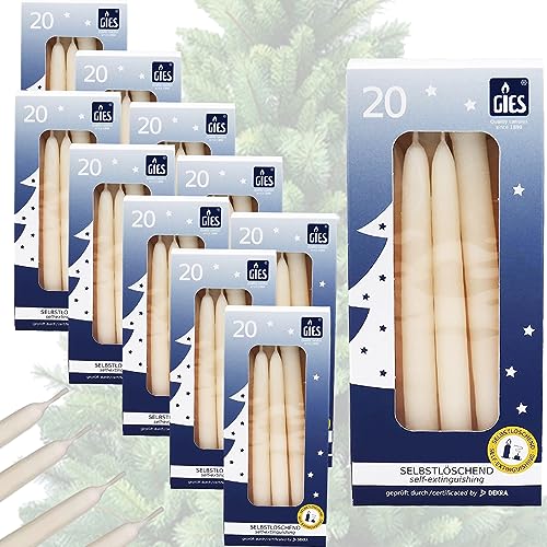 GIES Kerzen Set Creme | 200er Pack selbstlöschende Baumkerzen Wachs 12,4 cm x 1,2 cm (10x20 Stück) | Weihnachtskerzen Pyramidenkerzen Christbaumkerzen | Handgetauchte Qualität von Gies