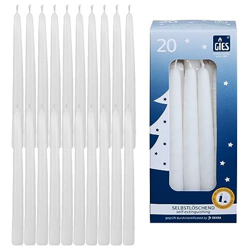 GIES Kerzen Set WEIß | 20er Pack selbstlöschende Baumkerzen Wachs 12,4 cm x 1,2 cm - Weihnachtskerzen Pyramidenkerzen Christbaumkerzen | Handgetauchte Qualität von Gies