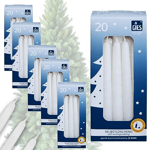 Gies Kerzen Set | 100 Stück selbstlöschende Baumkerzen | 12,4 cm x 1,2 cm Weiß | Handgetauchte Qualität von Gies