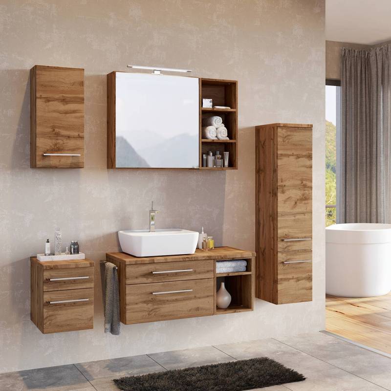 home24 Midischrank I 30 x 130 x 35cm Braun/Wotaneiche Dekor von home24