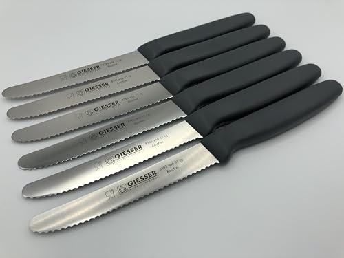 Giesser Messer - Made in Germany - 6er Set Brötchenmesser Tomatenmesser Küchenmesser Allzweckmesser Universalmesser Gemüsemesser 3mm Wellenschliff Klingenlänge 11cm Grau von Majen