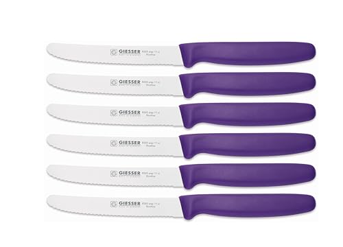Giesser Messer - Made in Germany - 6er Set Brötchenmesser Tomatenmesser Küchenmesser Allzweckmesser Universalmesser Gemüsemesser 3mm Wellenschliff Klingenlänge 11cm Violett von Giesser Messer