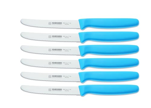 Giesser Messer - Made in Germany - 6er Set Brötchenmesser Tomatenmesser Küchenmesser Allzweckmesser Universalmesser Gemüsemesser 3mm Wellenschliff Klingenlänge 11cm Hellblau von Giesser Messer