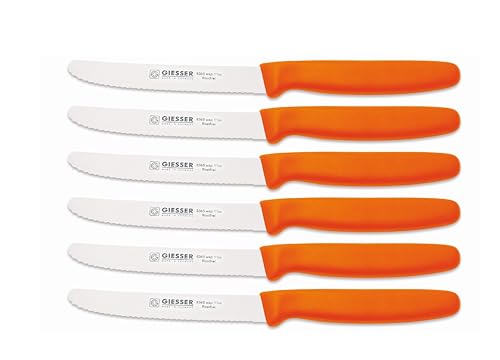Giesser Messer - Made in Germany - 6er Set Brötchenmesser Tomatenmesser Küchenmesser Allzweckmesser Universalmesser Gemüsemesser 3mm Wellenschliff Klingenlänge 11cm Orange von Giesser Messer