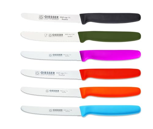 Giesser Messer 6er Set bunt Tomatenmesser Brötchenmesser Allzweckmesser 11cm Wellenschliff 3mm - schwarz olive piink rot orange hellblau von Giesser Messer