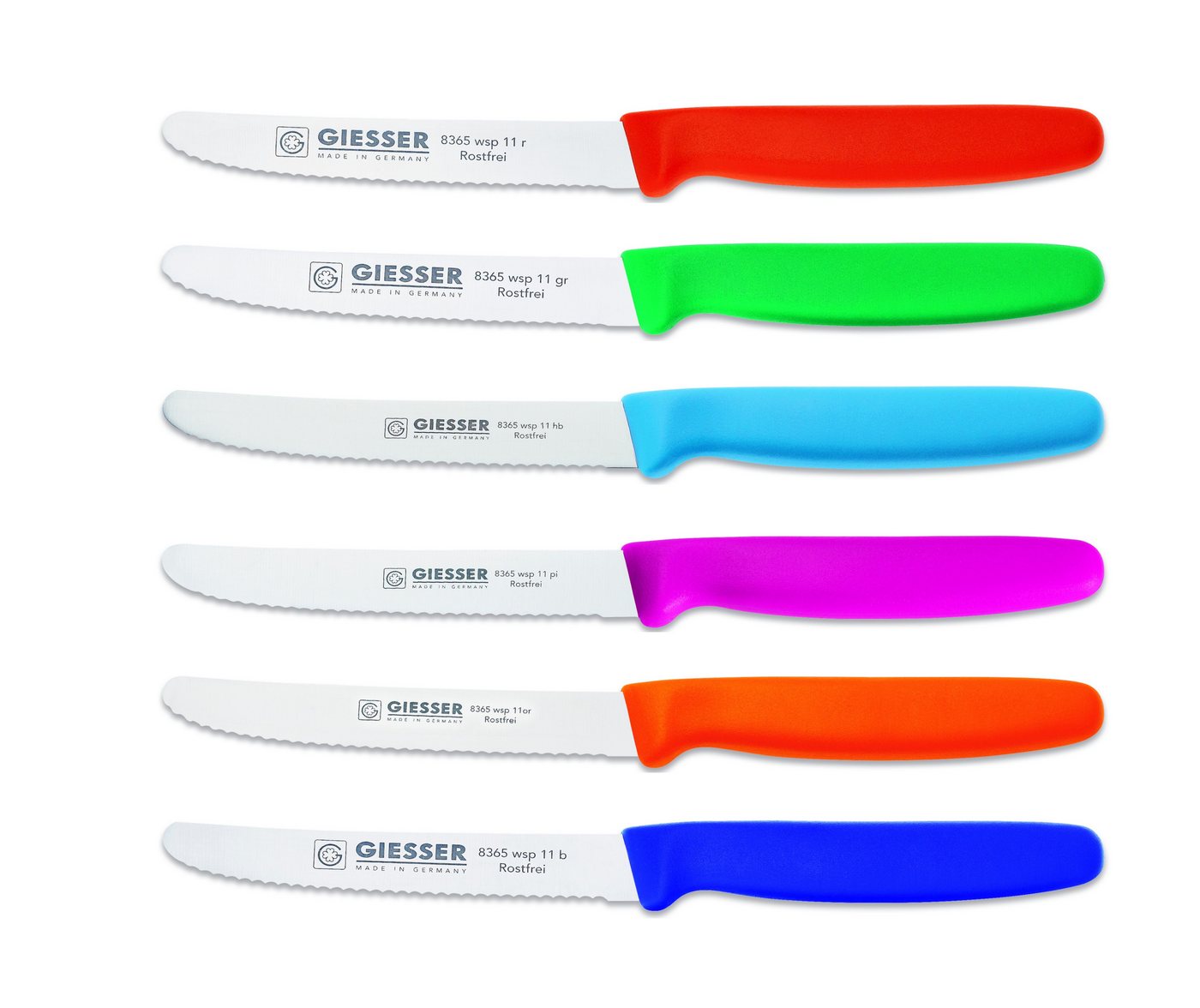 Giesser Messer Tomatenmesser Brötchenmesser 8365 wsp 11-6, 6er Set bunt gemischt, 3mm Wellenschliff, extrem Scharf von Giesser Messer