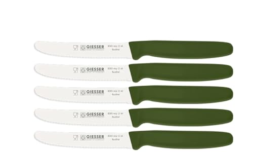 Giesser Messer Tomatenmesser Brötchenmesser Tafelmesser 11cm mit Wellenschliff 3mm - 5er Set (Olive) von Giesser Messer