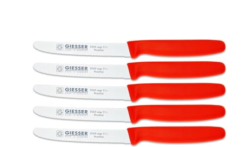 Giesser Messer Tomatenmesser Brötchenmesser Tafelmesser 11cm mit Wellenschliff 3mm - 5er Set (Rot) von Giesser Messer