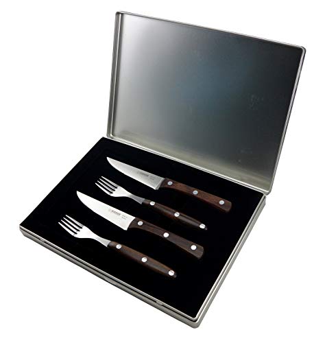 Giesser Messer Steakbesteck Set 4-teilig in Alu-Box - 2x Steakbesteck-Messer Wellenschliff 12cm, 2x Steakbesteck-Gabel, Rostfrei von Giesser
