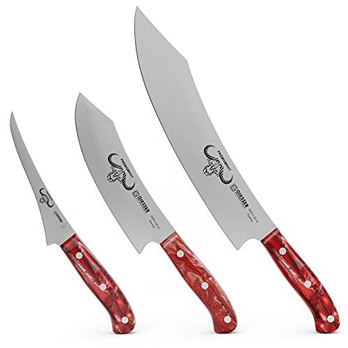 Giesser seit 1776 - Made in Germany - Messerset 3 teilig, Red Diamond, PremiumCut, Kochmesser 20 cm, Barbecue 30 cm, Filiermesser 17 cm, Acryl, rot, rostfrei, Grillmesserset von Giesser