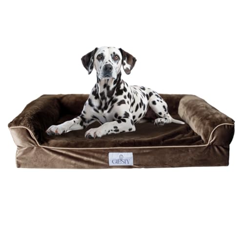 Giesty Orthopädisches Hundebett für Grosse Hunde, Hundecouch mit hohem Rand, Haustierbett, Hundesofa waschbar, Baumwollleinen und Kunstpelz (Beige, L(90 * 68 * 20cm)) von Giesty
