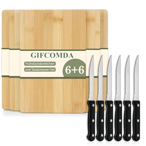 Gifcomda Bambus Schneidebrett Frühstücksbrettchen 6er Set mit 6 Steakmessern, 22cm x 14 cm x 0.8cm Brotzeitbrett Set, Vesperbrett, Jausenbrett, Snackbrettchen Sandwichbrett, rutschfest von Gifcomda