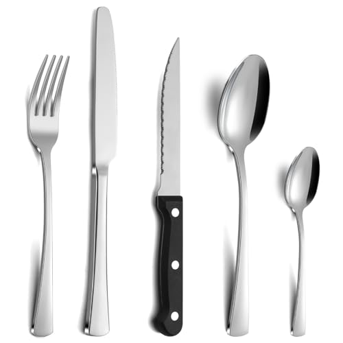 Gifcomda Besteck Set, 30-teiliges Besteckset für 6 Personen mit Steakmesser, Messer Gabel Löffel, Edelstahl Essbesteck für Familie/Party/Restaurant, Spiegelpoliert & Spülmaschinenfest von Gifcomda