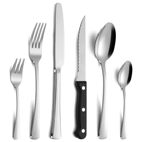 Gifcomda Besteck Set, 36-teiliges Besteckset für 6 Personen mit Steakmesser, Messer Gabel Löffel, Edelstahl Essbesteck für Familie/Party/Restaurant, Spiegelpoliert & Spülmaschinenfest von Gifcomda