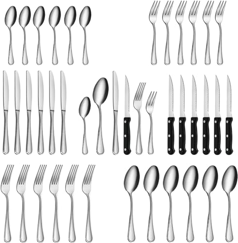 Gifcomda Besteck Set, 36 teiliges Edelstahl Besteck Set für 6 Personen, Hochglanzpoliert Besteckset mit Steakmesser, Messer Gabel Löffel, Spülmaschinenfest von Gifcomda