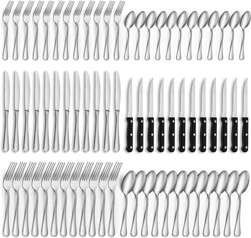 Gifcomda Besteck Set, 72-teiliges Edelstahl Besteck Set für 12 Personen, Hochglanzpoliert Besteckset mit Steakmesser, Messer Gabel Löffel, Spülmaschinenfest von Gifcomda