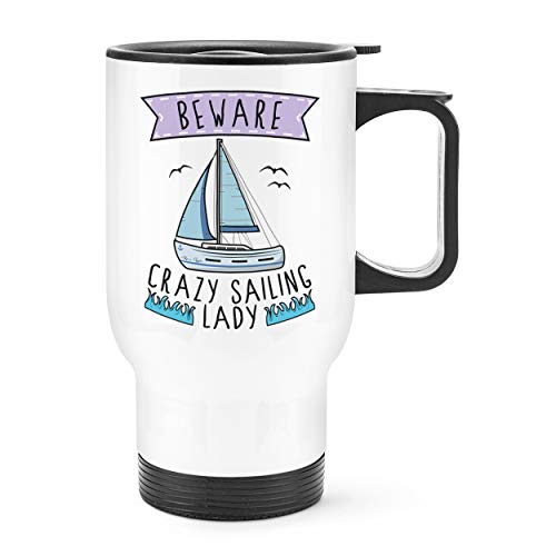 Gift Base Beware Verrückte Segeln Damen Reise Becher Tasse Weißer Griff von Gift Base