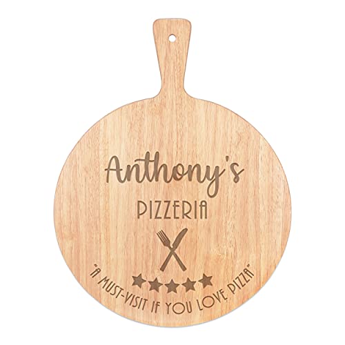 Personalisierbares Pizzabrett mit 5 Sternen, Pizzeria Name Kreis Serviertablett Griff Paddel rund Holz 45 x 34 cm von Gift Base