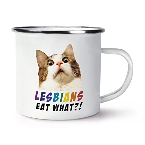 Tasse mit Aufschrift "Lesbians Eat What", Emaille von Gift Base