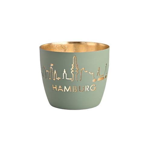 Windlicht Madras Hamburg Skyline Eisen Höhe 8,5 cm Powder Blue Gold von Gift Company