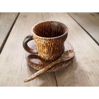 Holz Kaffee Tee Tasse Set Mit Teller Und Löffel Palmenholz Natürliche Farbe Umweltfreundliches Weihnachten Housewarming Geschenk von GiftGoGreen