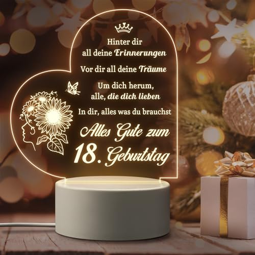 Giftasy Geschenk zum 18. Geburtstag Mädchen - LED Acryl Nachtlicht Lampe, Geburtstagsgeschenk für 18 Jahre Mädchen, Sinnvolle Geschenke zum 18. Geburtstag Tochter, Beste Freundin von Giftasy