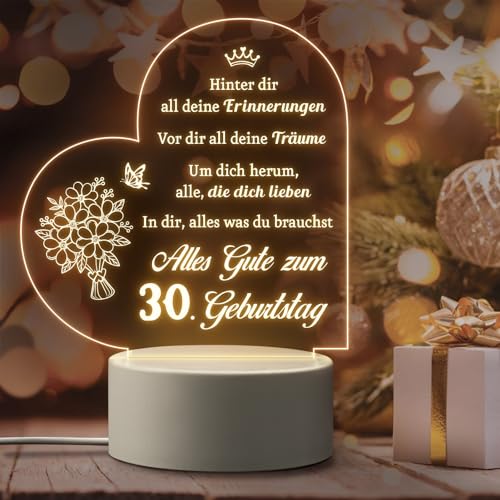 Giftasy Geschenk zum 30 Geburtstag Frauen - LED Acryl Nachtlicht Lampe, Geburtstagsgeschenk für Frauen 30 Jahre, Sinnvolle Geschenke zum 30 Geburtstag Ehefrau, Beste Freundin, Tochter von Giftasy